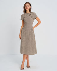 Brown Plaid Round Neck Midi Dress | Rihoas