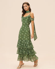 Green V Neck Ruffle Floral Maxi Dress | Rihoas