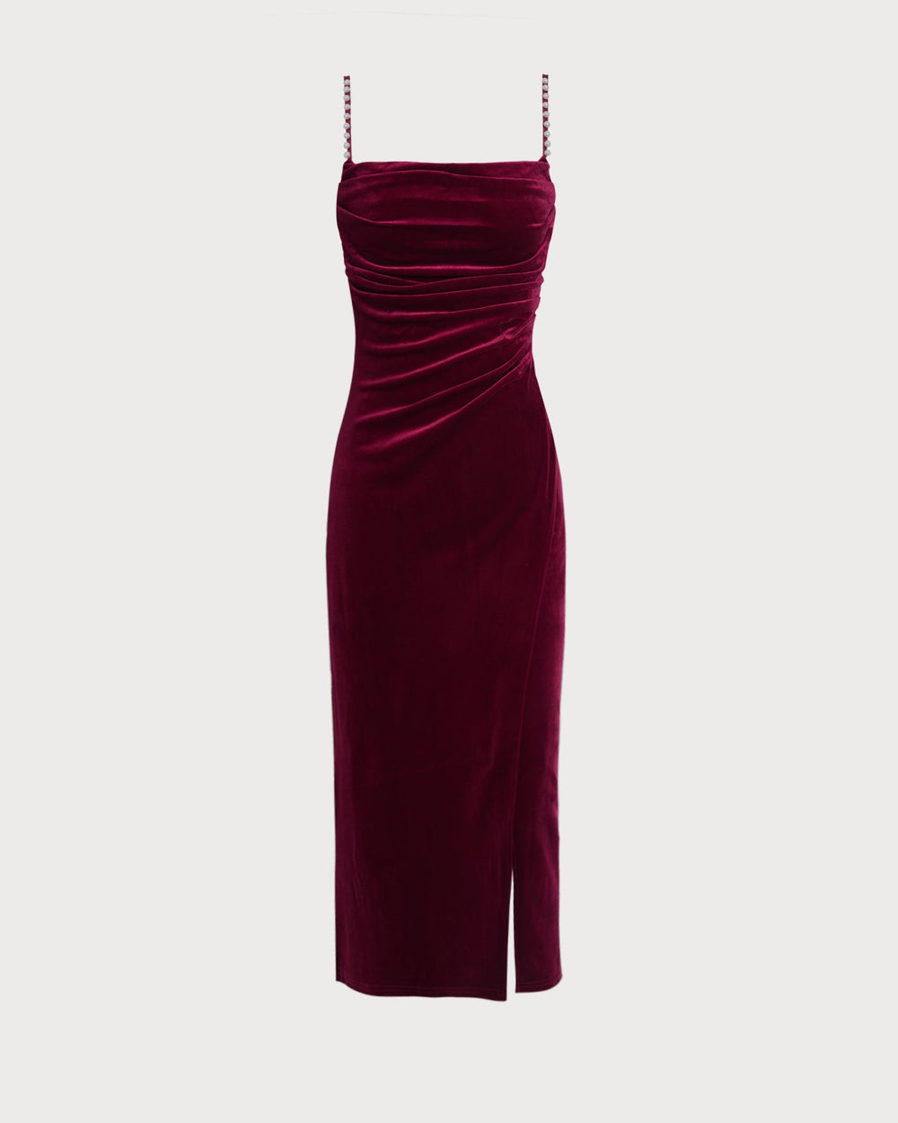 Wine Red Sleeveless Straps Velour Midi Dress | Rihoas