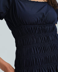 Blue Puffed Sleeve Shirred Midi Dress | Rihoas