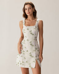 Beige Square Neck Embroidery Slit Slip Mini Dress | Rihoas