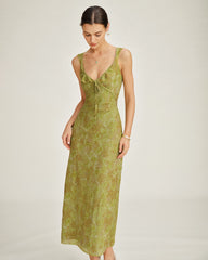 Green Sleeveless Floral Slip Maxi Dress | Rihoas