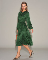 Green Jacquard Lantern Sleeve Midi Dress | Rihoas