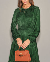 Green Jacquard Lantern Sleeve Midi Dress | Rihoas