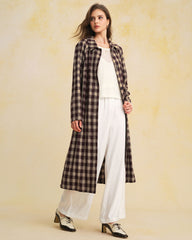 Brown Plaid Pocket Long Coat | Rihoas