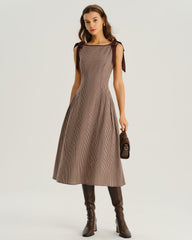 Brown Plaid Boat Neck A-Line Midi Dress | Rihoas