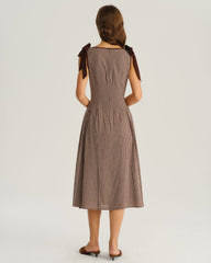 Brown Plaid Boat Neck A-Line Midi Dress | Rihoas