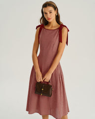 Red Gingham Tie Strap A-Line Midi Dress | Rihoas