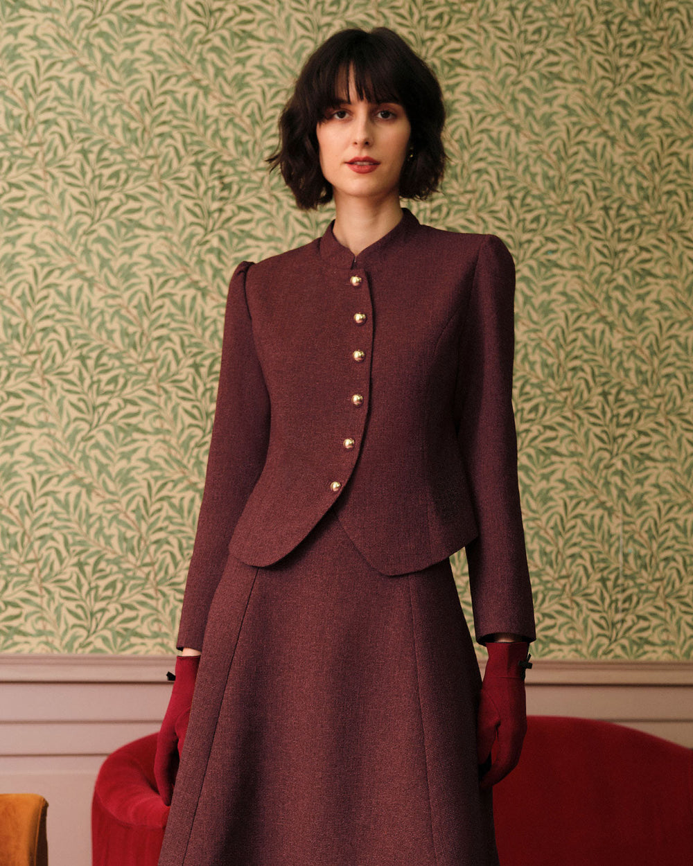 Burgundy Retro Single-breasted Tweed Jacket | Rihoas