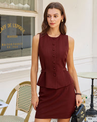 Wine Red Button Belted Vest | Rihoas