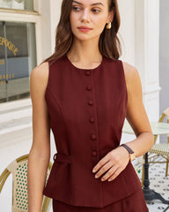 Wine Red Button Belted Vest | Rihoas