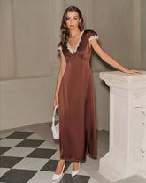 Brown Satin V Neck Lace Maxi Dress | Rihoas