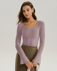 Purple Bell Sleeve Casual Knit Tee | Rihoas
