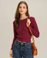 Wine Red Single Breasted Round Neck Knit Cardigan | Rihoas