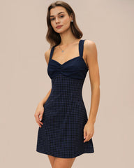 Blue Sweetheart Neck Plaid Mini Dress | Rihoas