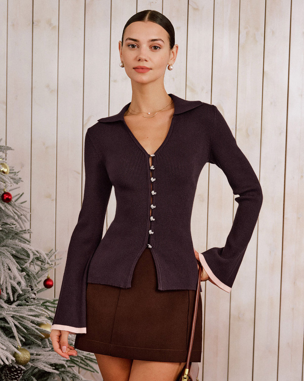 Purple Contrasting Bell Sleeve Knit Cardigan | Rihoas
