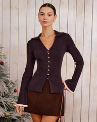 Purple Contrasting Bell Sleeve Knit Cardigan | Rihoas