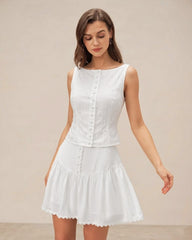 White Textured Boat Neck Button Vest | Rihoas