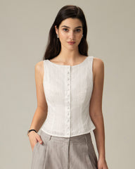 White Textured Boat Neck Button Vest | Rihoas