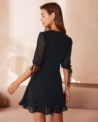 The Black Deep V Neck Polka Dot Mini Dress | Rihoas
