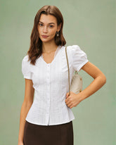 White V Neck Puffed Sleeve Tee | Rihoas