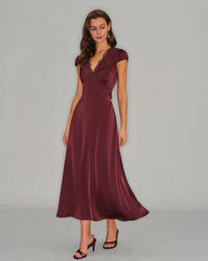 Wine Red V Neck Lace Maxi Dress | Rihoas