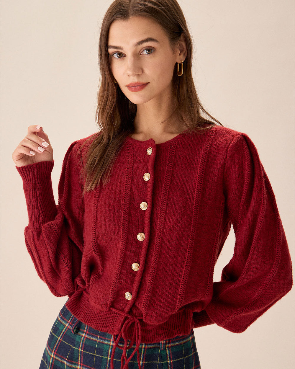 Red Lantern Sleeve Single-Breasted Cardigan | Rihoas