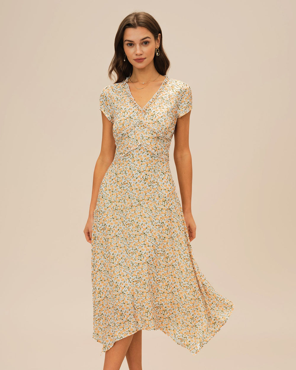Yellow V Neck Floral Midi Dress | Rihoas
