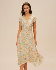 Yellow V Neck Floral Midi Dress | Rihoas