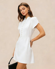 White Mandarin Collar Button Mini Dress | Rihoas