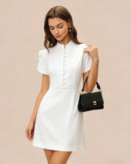White Mandarin Collar Button Mini Dress | Rihoas