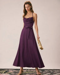 Purple Cowl Neck Satin Maxi Dress | Rihoas