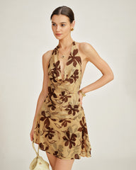 Yellow Halter Tie Floral Mini Dress | Rihoas