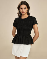 Black Round Neck Shirred Tee | Rihoas