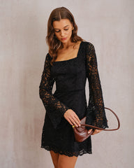 Black Lace Bell Sleeve A-Line Mini Dress | Rihoas