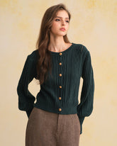 Green Retro Lantern Sleeve Knit Cardigan | Rihoas