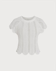 White Round Neck Textured Tee | Rihoas