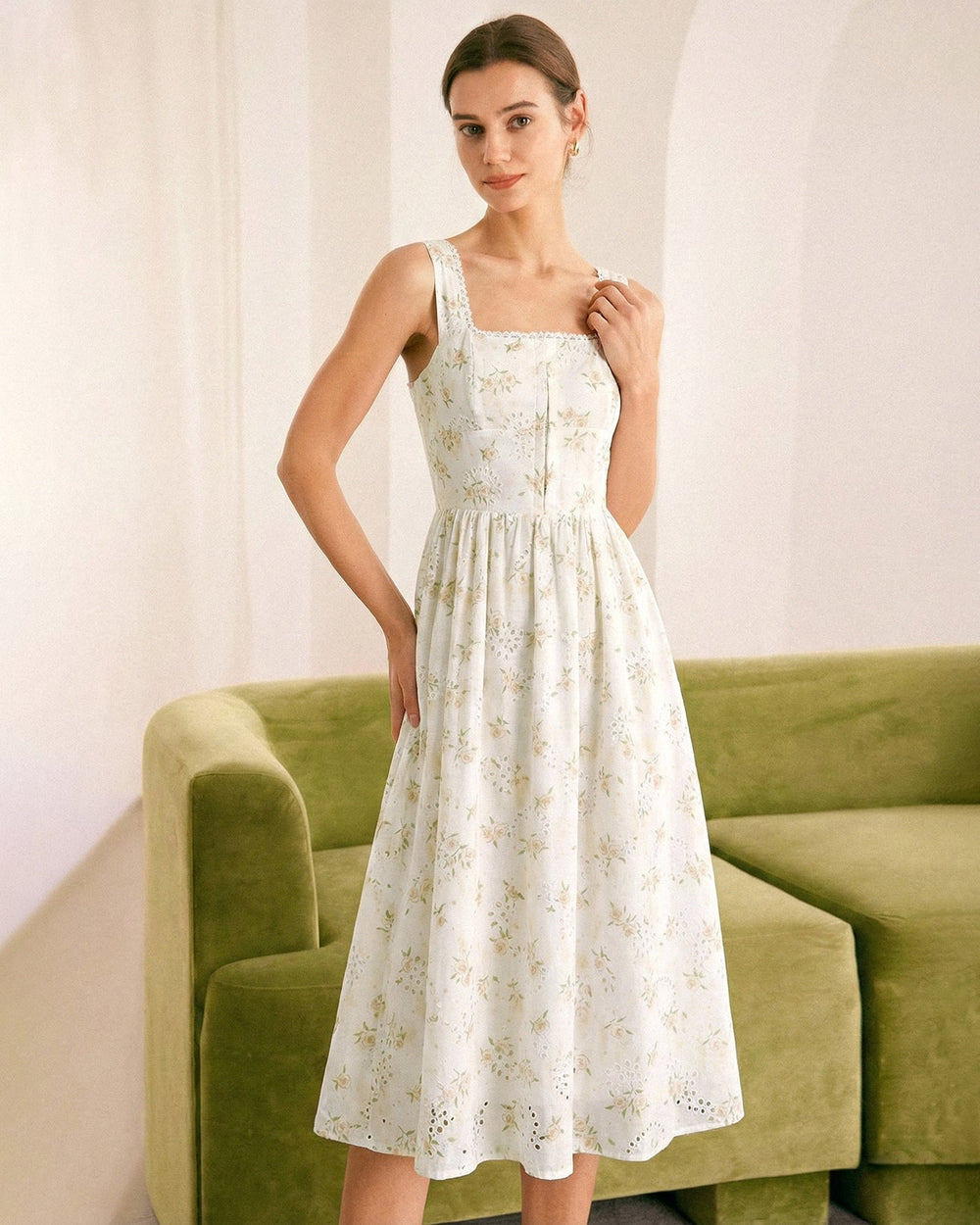 Yellow Floral Ruched Midi Dress | Rihoas