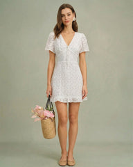 White V Neck Jacquard Mini Dress | Rihoas