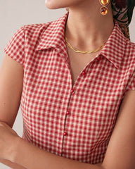 Red Plaid Cap Sleeve Button Blouse | Rihoas