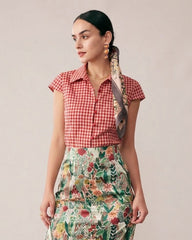 Red Plaid Cap Sleeve Button Blouse | Rihoas