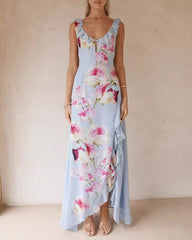 Blue V Neck Floral Ruffle Slip Maxi Dress | Rihoas