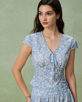 Blue Floral V-Neck Blouse | Rihoas