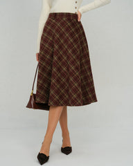 Red Plaid Floral Midi Skirt | Rihoas