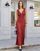 Wine Red Polka Dot Sleeveless Maxi Dress | Rihoas
