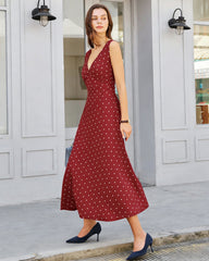 Wine Red Polka Dot Sleeveless Maxi Dress | Rihoas