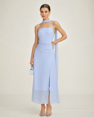 Blue Cowl Neck Strap Chiffon Maxi Dress | Rihoas