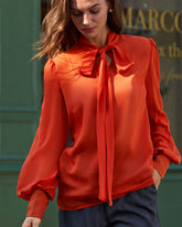 Red Chiffon Tie Neck Shirt | Rihoas