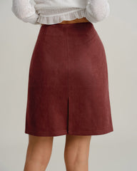 Red Suede Straight Slit Mini Skirt | Rihoas