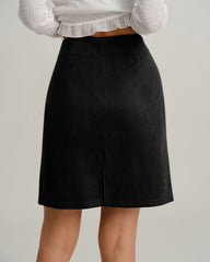 Black Suede Straight Slit Mini Skirt | Rihoas